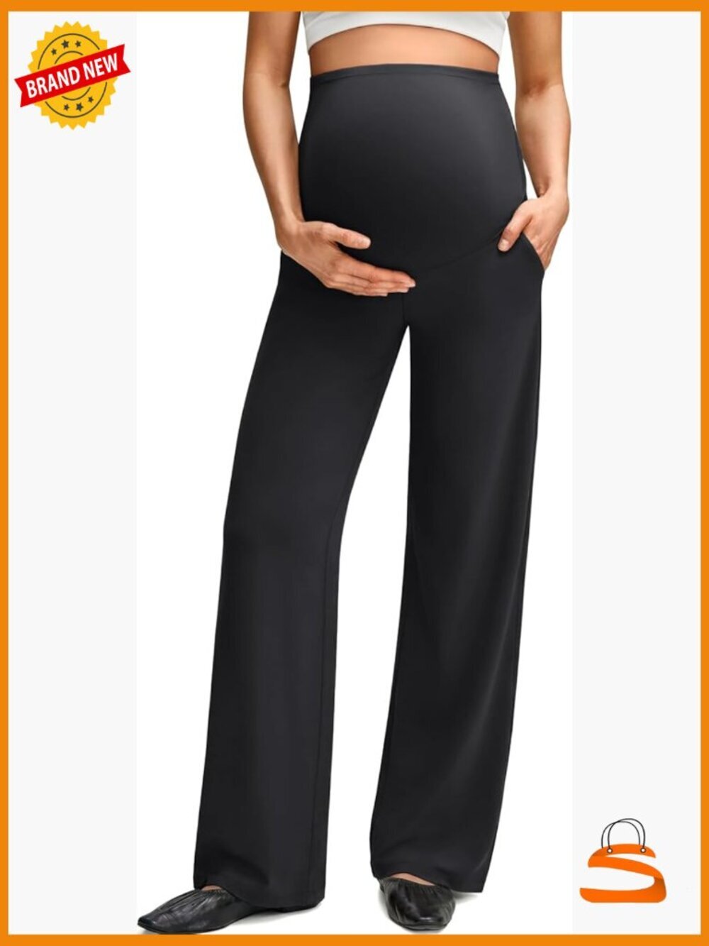 Maternity Yoga Pants with Pockets Wide Leg Over Belly Stretchy Work Slacks